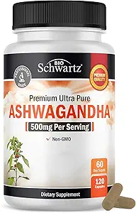 BioSchwartz Ashwagandha Συμπληρώματα - Επιπλέον δύναμη Ashwagandha κάψουλες 500mg ανά υπηρεσία - Χωρίς γλουτένη, μη GMO, Made in The USA with Globally Soured Ingred Συστατικά, 60 εξυπηρετούν (120 Count)
