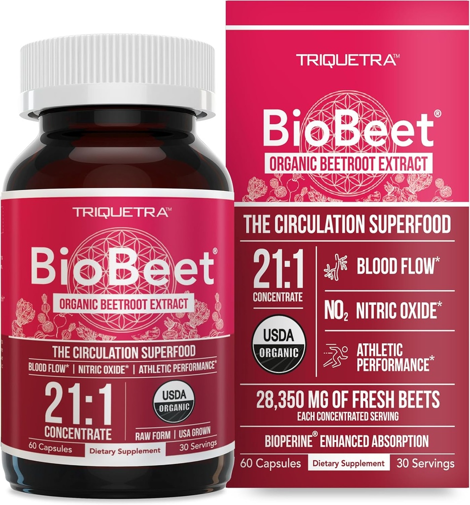 BioBet® Max Strength Beet Root Capsules - 21:1 Συμπυκνωμένο, Κάθε Σερβίρισμα προέρχεται από 28,350 mg Βιολογικό Beetroot - Ενίσχυση απορρόφησης με BioPerine® Black Pepper Extract (60 Κάψουλες)