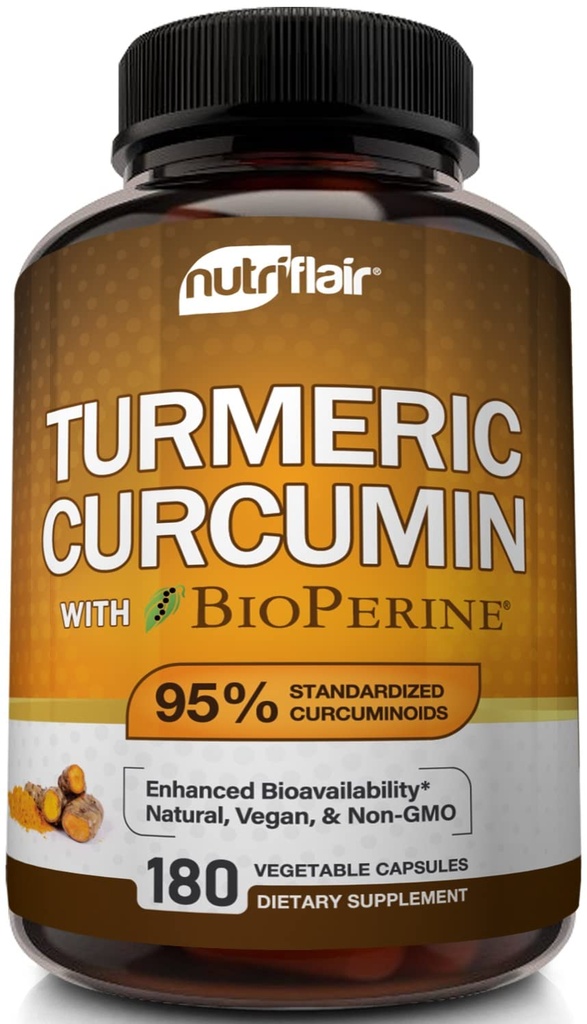 NutriFlair Turmeric Curcumin με BioPerine - 1300mg, 180 Κάψουλες - 95% Standardized Curcuminoids Turmeric Supplement Extract with Black Pepper for Optimal Abvorvation - 180 Caps