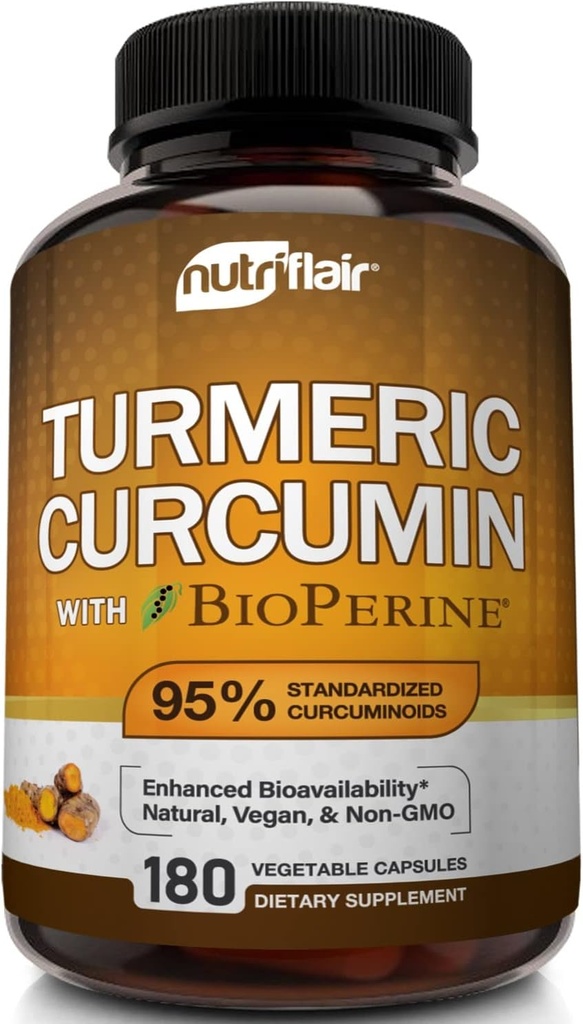 NutriFlair Turmeric Curcumin με BioPerine - 1300mg, 180 Κάψουλες - 95% Standardized Curcuminoids Turmeric Supplement Extract with Black Pepper for Optimal Abvorvation - 180 Caps
