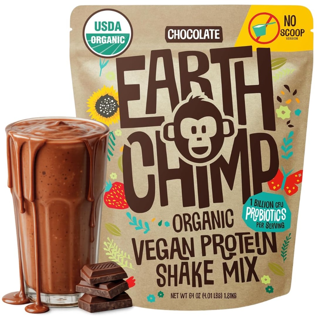 EarthChimp Organic Vegan Protein Powder - με Προβιοτικά - Μη ΓΤΟ, Γαλακτοκομικά, Μη Ορός γάλακτος, Φυτική Σκόνη Πρωτεϊνών για γυναίκες και άνδρες, Χωρίς Γλουτένη - 52 Μερίδες 64 Oz (Chocolate) No Scoop