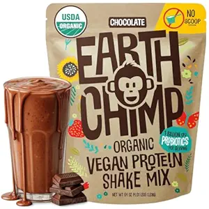 EarthChimp Organic Vegan Protein Powder - with Probiotics - Non GMO, Dairy Free, Non Whey, Plant Based Protein Powder for Women and Men, Gluten Free - 52 Servings 64 Oz (Chocolate) No Scoop