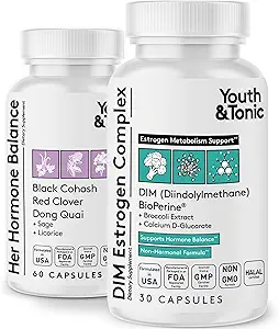 Youth & Tonic Menopause & PMS Support for Women Through Balanced Estrogen Metabolism – 90 Pills with DIM Black Cohosh Red Clover Dong Quai Soy Isoflavones