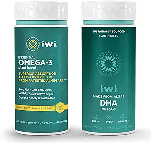 Iwi Omega-3 Essential & DHA Omega-3 Bundle, 30 Υπηρεσίες, Vegan Plant-based Algae Omega 3, Krill & Fish Oil Εναλλακτική, Χωρίς Αλιευτική Επίγευση