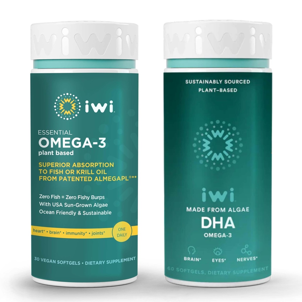 Iwi Omega-3 Essential & DHA Omega-3 Bundle, 30 Υπηρεσίες, Vegan Plant-based Algae Omega 3, Krill & Fish Oil Εναλλακτική, Χωρίς Αλιευτική Επίγευση