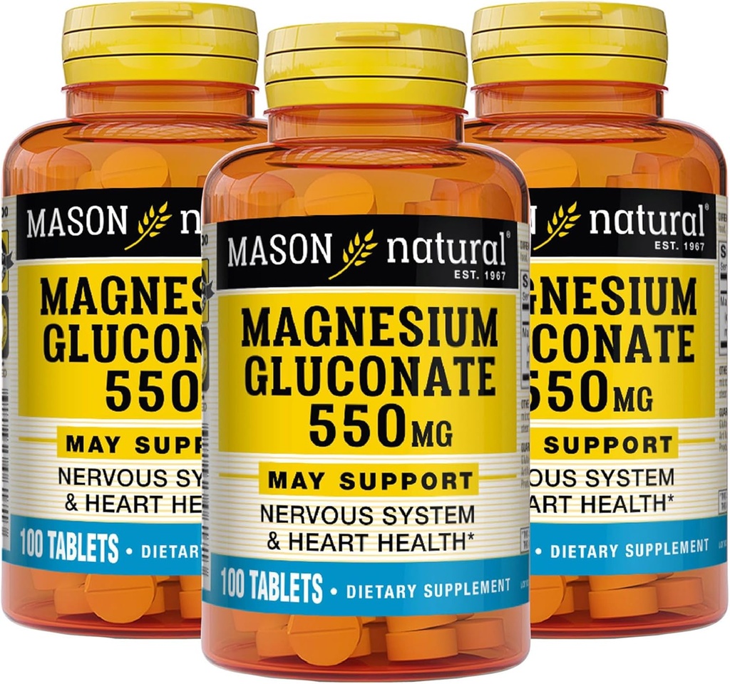 Mason Natural Magnesium Gluconate 550 mg, 300 Day Supply for Normal Healthy Heart and Nury System Support, 100 Tablets (Pack of 3)