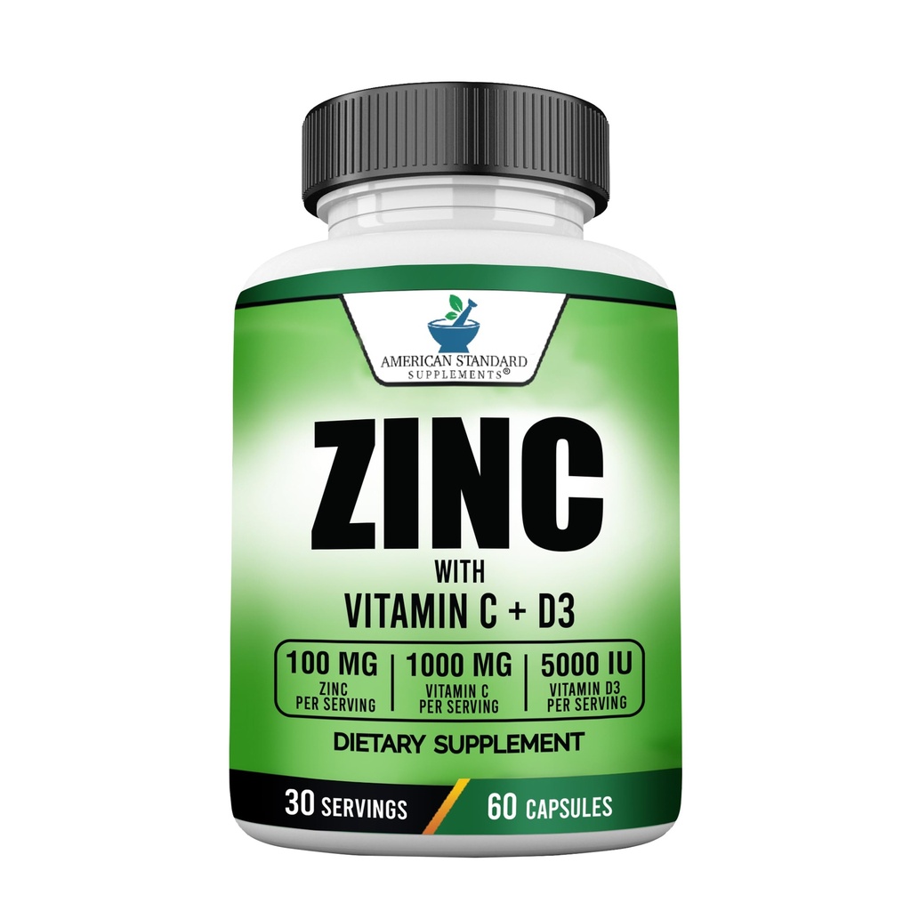 American Standard Συμπληρώματα ψευδάργυρου 100mg, βιταμίνη C 1000mg, και βιταμίνη D3 5000 IU (125mcg) ανά υπηρεσία - Χωρίς γλουτένη, μη ΓΤΟ, 60 κάψουλες, 30 εξυπηρετούν