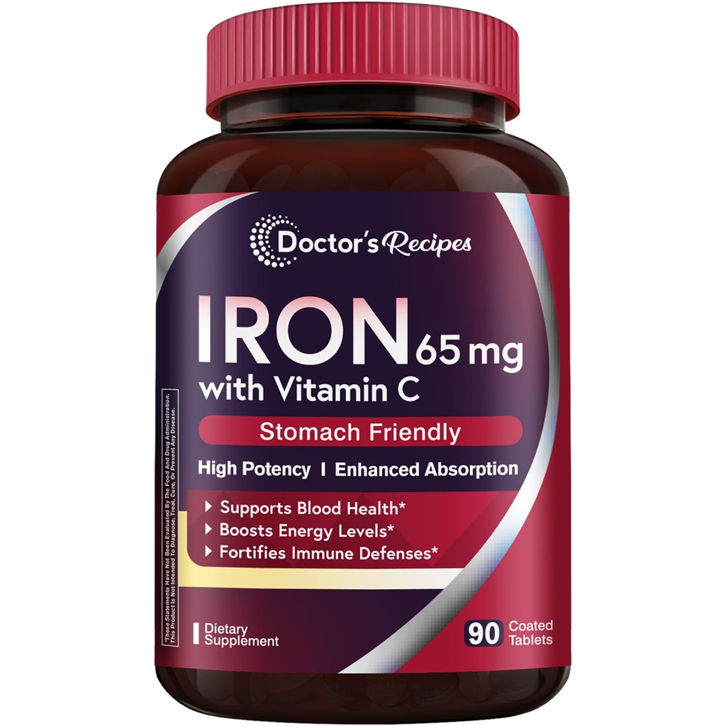 Doctor's Recipes Iron Supplement 65 mg with Vitamin C - Μεγιστοποιημένη Απορρόφηση & Στομάχι Φιλικά Χάπια σιδήρου για τα κόκκινα αιμοσφαίρια Σχηματισμός, καρδιά, εγκέφαλος και ανοσία Υγεία - Vegan Non-GMO 90 Σιδήρου δισκία