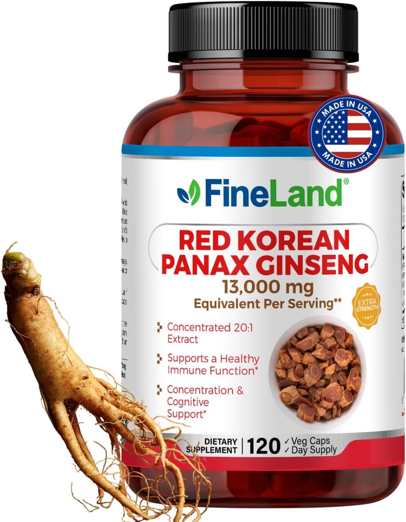 FineLand Red Korean Panax Ginseng 13.000 mg - Max Strength 20:1 Extract - Συμπυκνωμένο ανοσοποιητικό και γνωστικό συμπλήρωμα υποστήριξης για άνδρες & γυναίκες - 120 κάψουλες λαχανικών