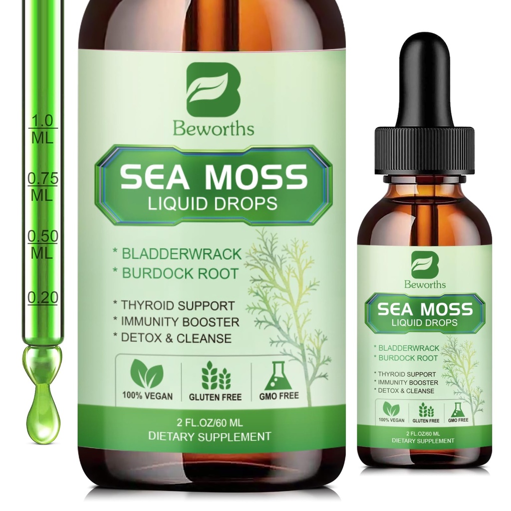 Sea Moss Liquid Drops - Organic Irish Sea Moss Gel with Spirulina, Bladderwrack, Burdock Root, Seamoss Gel Supplement for Joint, Detox Cleanse & Digestion Support - 2 Fl Oz, Vegan