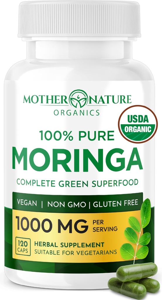 Μητρική Φύση Οργανικές κάψουλες Moringa – Οργανική σκόνη φύλλων Moringa, ενιαία προέλευση, ενέργεια & ανοσοποιητική υποστήριξη, μεταβολισμός, εστίαση, βιταμίνη C – Vegan, 500mg, 120 κάψουλες