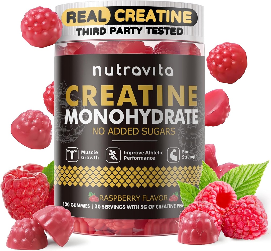 Nutravita Creatine Monohydrate Gummies for Men & Women-5g of Creatine Monohydrate per Serving - Sugar Free,Vegan, Raspberry Flavor, 120 Count