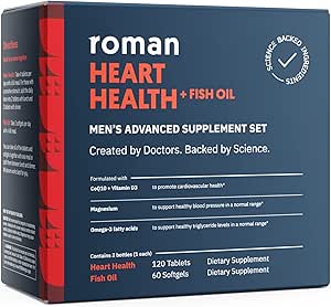 ROMAN Heart Health | Men's Daily Nutritional Supplement for Cardiovascular Support, Features Magnesium, Vitamins K + D3, CoQ10, and Spirulina | 30-Day Supply (120 Tablets + 60 Fish Oil Softgels)