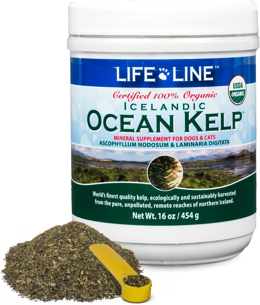 Life Line USDA Certified Organic Ocean Kelp for Pets & Livestock | Supports Skin & Coat Health, Immune Function, and Dental Hygiene | Promotes Metabolism & Reduces Plaque and Shedding – 16 oz