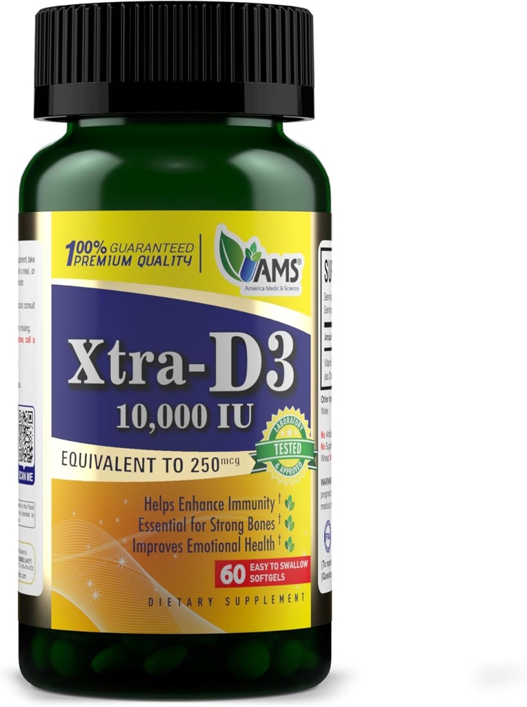 America Medic & Science Xtra D3 Vitamin D 10.000 IU (250 mcg) συμπλήρωμα χοληκαλσιφερόλης για άνδρες και γυναίκες (60 εύκολο να καταπιούν Softgels) Best για τα οστά, την υγεία της καρδιάς, την υποστήριξη ανοσοποιητικού συστήματος, λειτουργία πνεύμονα