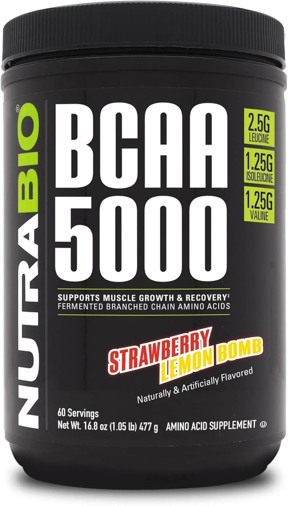 NutraBio BCAA 5000 Powder - Vegan Fermented BCAAs - Supports Lean Muscle Growth, Recovery, Endurance - 60 Servings - Strawberry Lemon Bomb