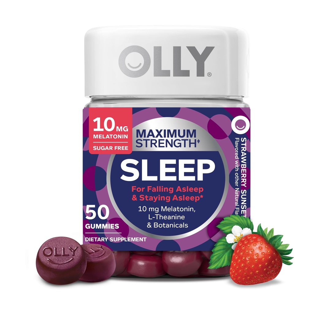 OLLY Max Strength Sleep Gummy, 10mg Μελατονίνη, L-Θεανίνη, Χαμομήλι, Λέμον Μπάλμ, Ζάχαρη Δωρεάν, Χορτοφαγική Βοήθεια Ύπνου, Φράουλα - 50 Κόμη