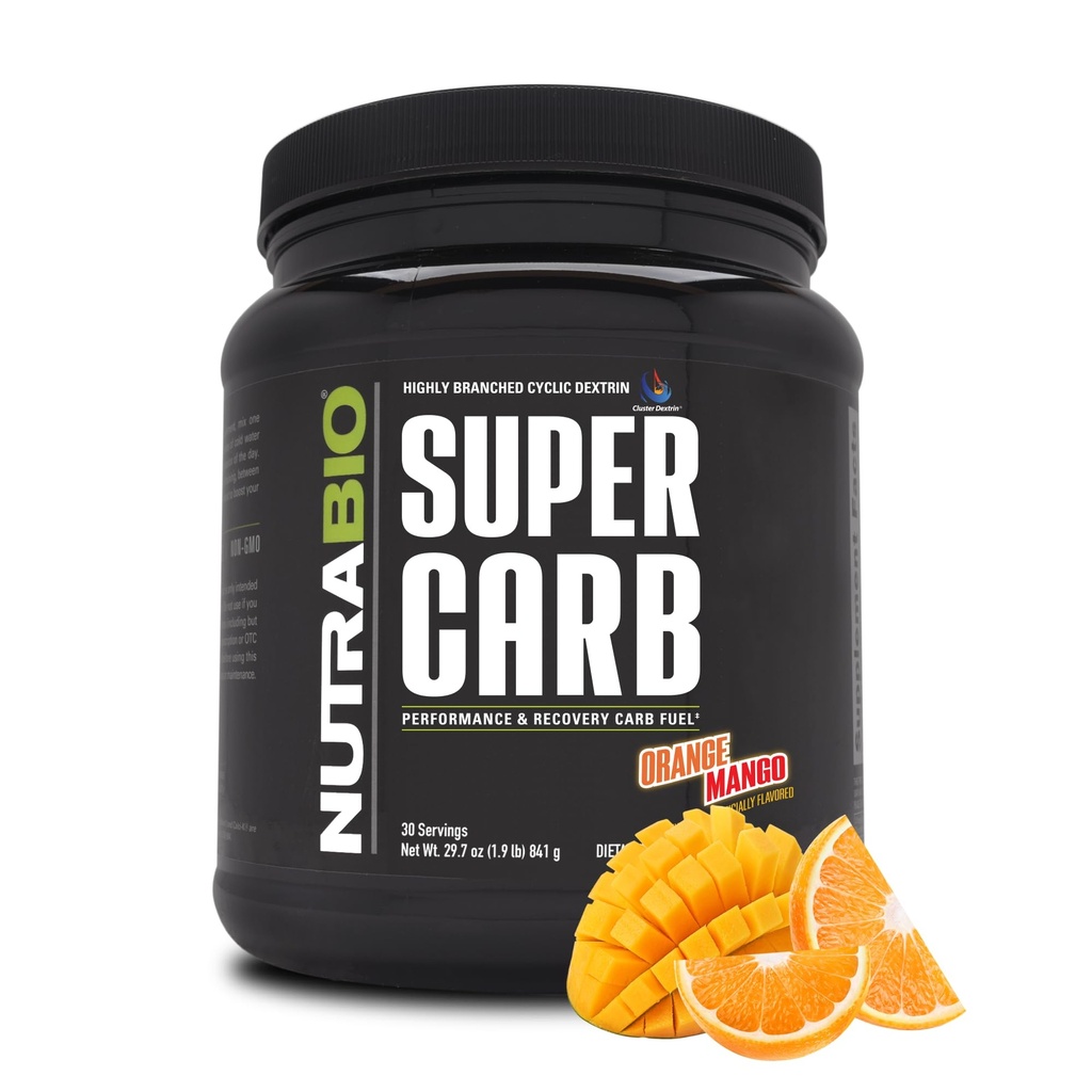NutraBio Super Carb, Carbohydrate Powder with Cluster Dextrin & Electrolytes, Advanced Carb Supplement Powder for Workout Fuel, Performance, and Mus Recovery, Κυκλικό Dextrin, Orange Mango, 30 Sv