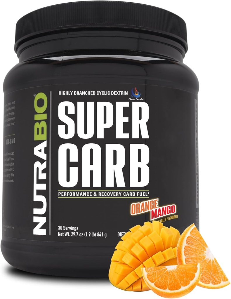 NutraBio Super Carb, Carbohydrate Powder with Cluster Dextrin & Electrolytes, Advanced Carb Supplement Powder for Workout Fuel, Performance, and Mus Recovery, Κυκλικό Dextrin, Orange Mango, 30 Sv