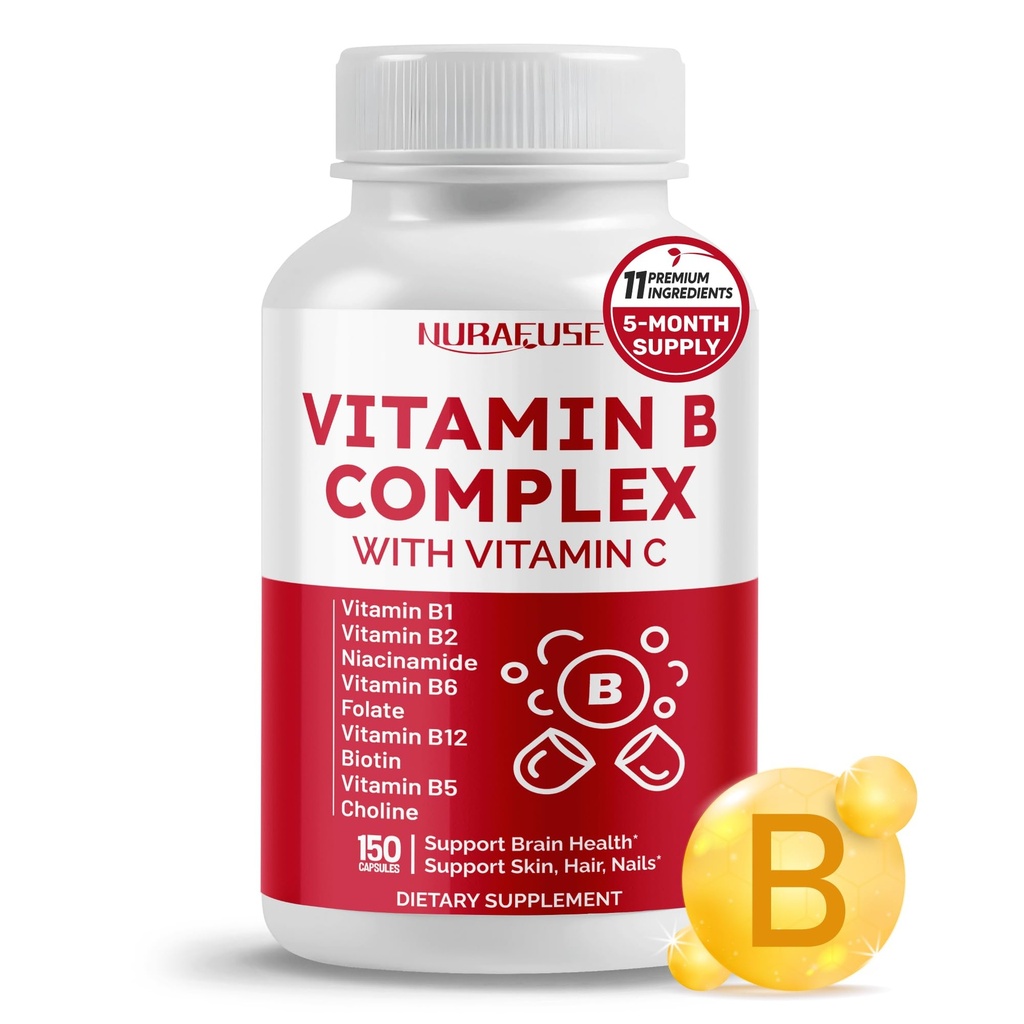 Vitamin B Complex Vitamin B1, B2, 6,9,12 Niacin, with Vitamin C - Support Brain Health, Energy Levels, Skin, Hair, and Nails
