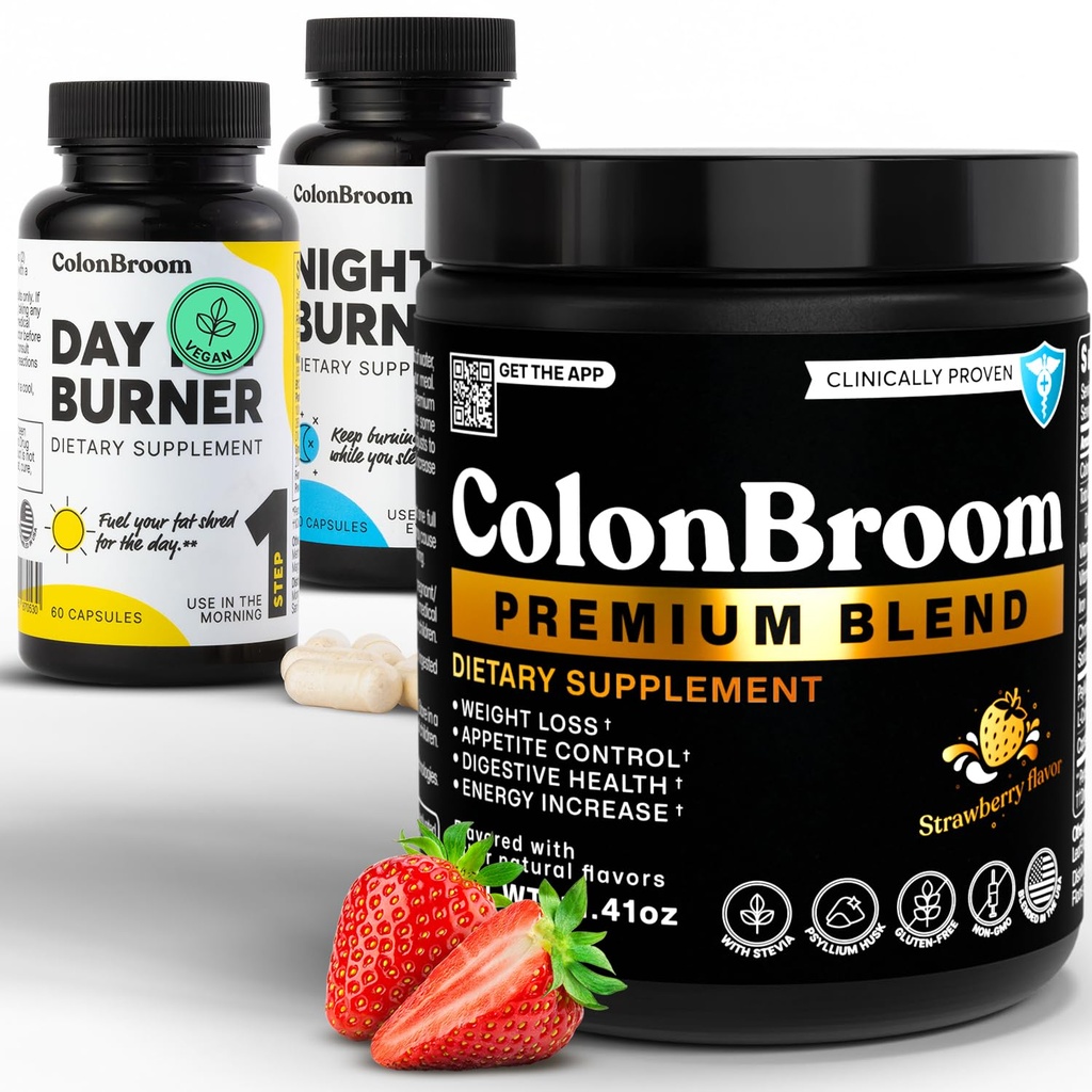 ColonBroom Premium Psyllium Husk Powder, Colon Broom Colon Cleanser Fiber συμπλήρωμα για Bloating Relief & Gut Health + Day & Night Burner Συμπληρώματα, Χάπια Διαχείρισης Βάρος (60 Services), 3 Είδη