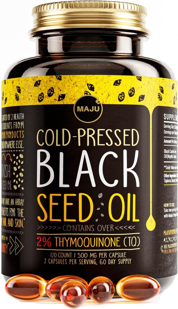Maju Superfoods Κάψουλες Μαύρου Λαδιού Σπόρου, Ισχυρό Ψυχρό Πιέζεται, 2% Thymoquinone, 100% Τουρκικό Μαύρο Κύμινο Nigella Sativa Σπέρμα, Βιολογικό BSO, Υγρός Μαύρος Σπόρος, 120 Count, 500mg ανά κάψουλα