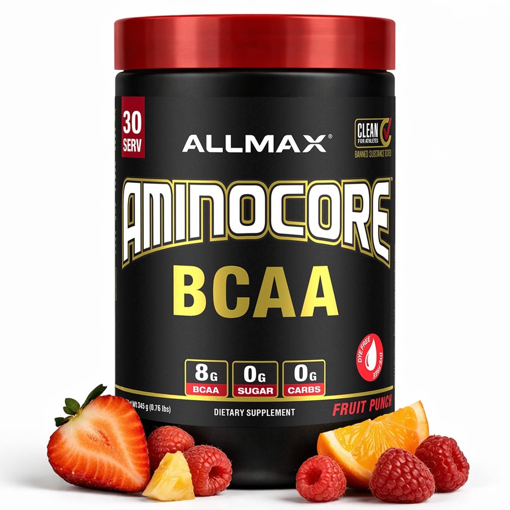 ALLMAX Διατροφή AMINOCORE BCAA Σκόνη, 8,18 γραμμάρια αμινοξέων, Ενδο- και μετά την προπόνηση ανάκτησης ποτών, χωρίς γλουτένη, Punch φρούτων, 315 g