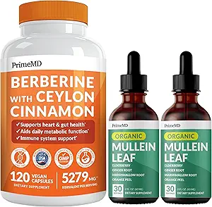 21-in-1 Berberine Supplement with Ceylon Cinnamon Chromium, Bitter Melon and Green Tea Extract (120 ct) & 5-in-1 Mullein Drops for Lungs and Respiratory Lung Health & Bronchial Support (60 Servings)