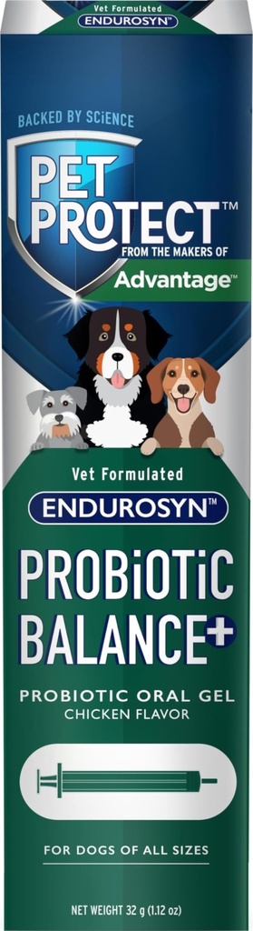Pet Protect Dog Probiotic Balance+ στοματικό γέλη, Vet-Σχηματισμένο Endurosyn, Πρεβιοτικά & Προβιοτικά για σκύλους, 3-Day Supply, Κοτόπουλο Γεύση (32g)