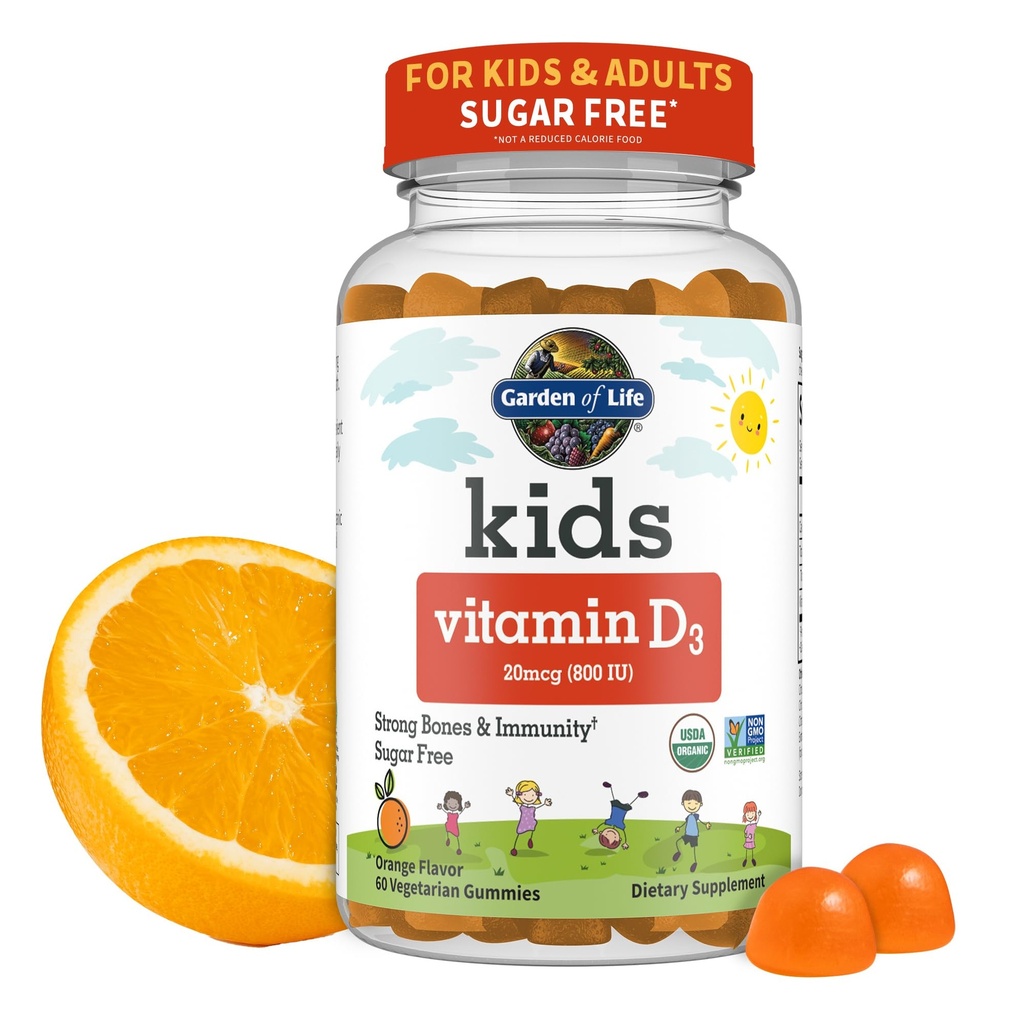 Κήπος Ζωής Παιδιά Βιολογική Βιταμίνη D3 Gummies με 800 IU (100% Ημερήσια Αξία) για Ισχυρά Οστά, Δόντια, Εγκέφαλος & Ανοσία – Μη Γλουτένη, Χορτοφαγική, Χωρίς Ζάχαρη, Πορτοκαλί Γεύση, 60 Μερίδες