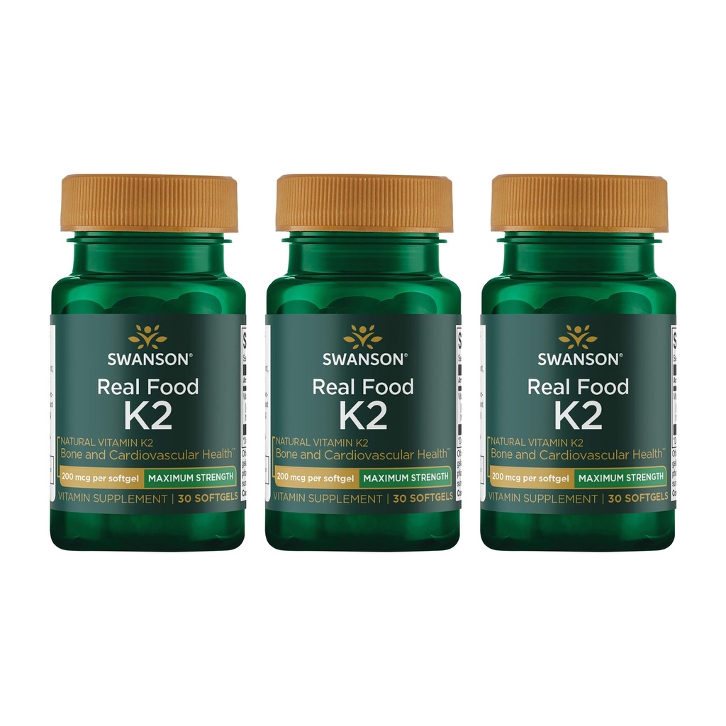 Σουάνσον Μέγιστη δύναμη Βιταμίνη K2 (Menaquinone-7)-Βιταμίνη συμπλήρωμα Υποστήριξη Καρδιαγγειακής και Οστικής Υγείας-Made από την ιαπωνική Natto να βοηθήσει Ρυθμίστε το ασβέστιο (30 Softgels, 200mcg κάθε) (3 Συσκευασία)