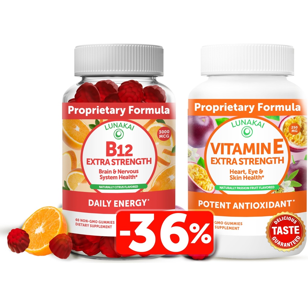 Lunakai Βιταμίνη Β12 και Βιταμίνη Ε Gummies Bundle - 3000 mcg Gummies for Adults Energy Support and Bone Health - 250 mg 1000 eu Natural VIT E Plus C Συμπληρώματα