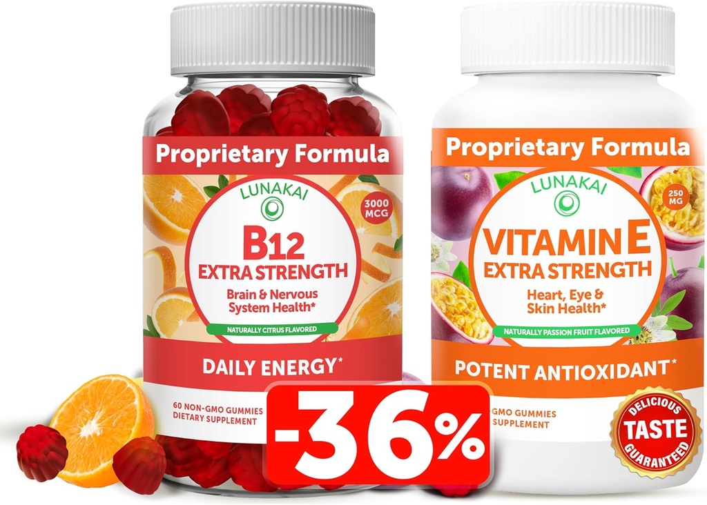 Lunakai Βιταμίνη Β12 και Βιταμίνη Ε Gummies Bundle - 3000 mcg Gummies for Adults Energy Support and Bone Health - 250 mg 1000 eu Natural VIT E Plus C Συμπληρώματα