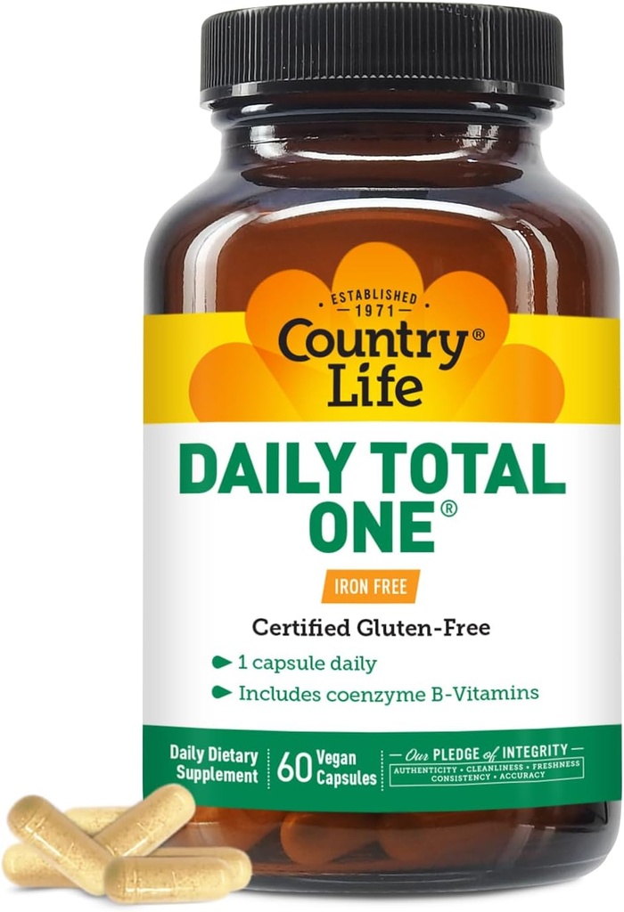 Country Life Daily Total One Multivitamin, Iron Free Once a Day Multivitamin & Multimineral Complex, Vitamins A, C, D, Including Coenzyme B-Vitamins, Supports Energy Metabolism, 60 Vegan Capsules