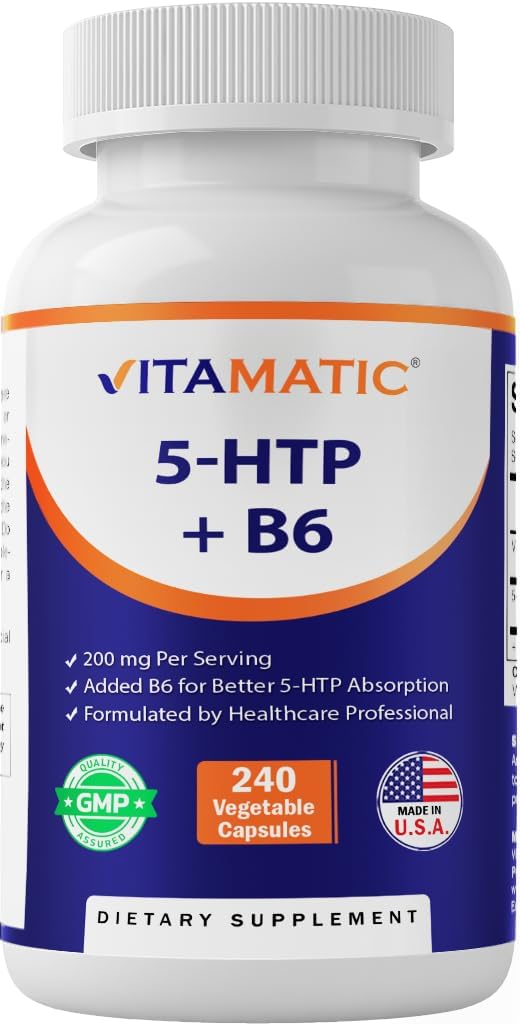 Vitamatic 5-HTP 200mg with B6 5mg Per Serving - 240 Vegetarian Capsules (5-Hydroxytryptophan) - (Griffonia Simplicifolia Seed Extract)