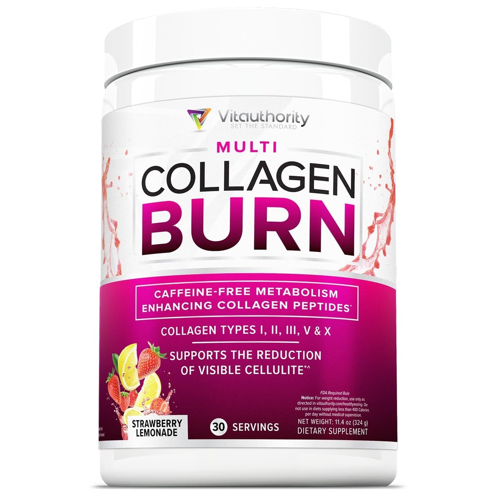 Multi Collagen Burn: Hydrolyzed Protein Peptides with Hyaluronic Acid, Vitamin C, SOD B Dimpless, Types I, II, III, V and X, Caffeine-Free Strawberry Lemonade Flavored 30 Servings