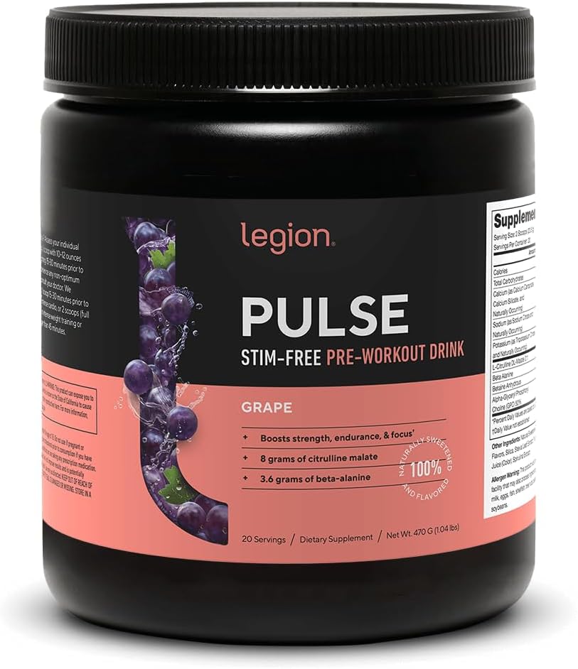 LEGION Pulse Pre Workout Supplement - All Natural Nitric Oxide Preworkout Drink to Boost Energy, Creatine Free, Naturally Sweetened, Beta Alanine, Citrulline, Alpha GPC (Caffeine Free Grape)