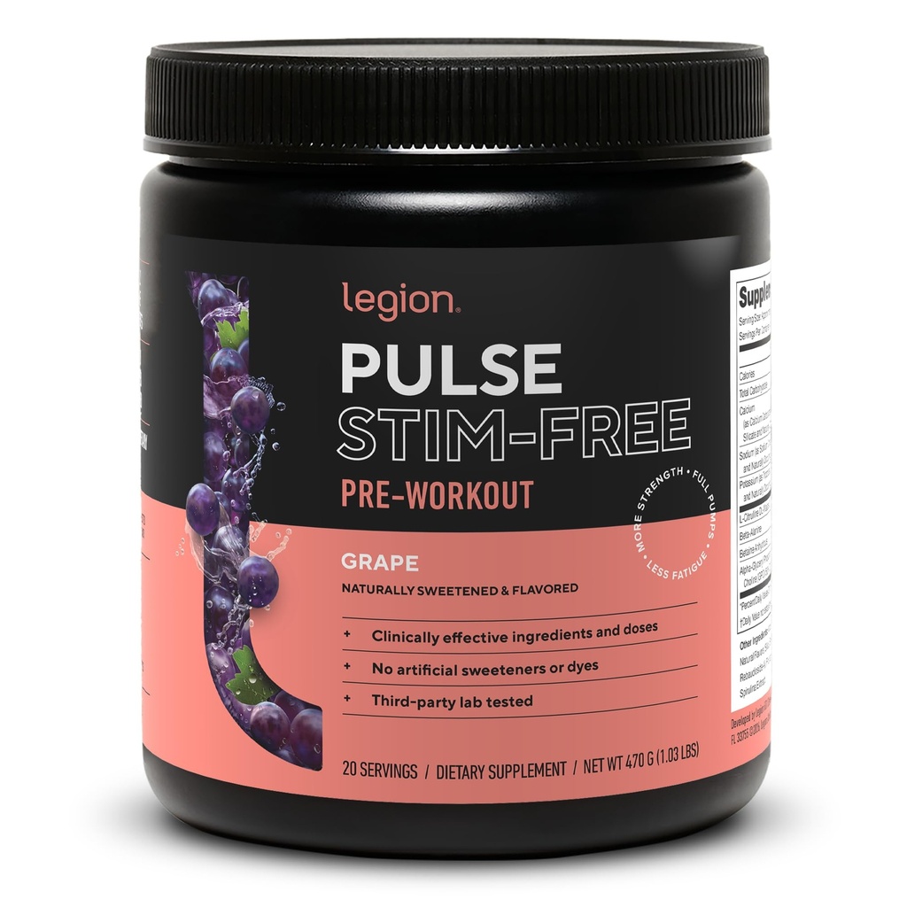 LEGION Pulse Pre workout Supplement - Όλα τα φυσικά Nitric Oxide Preworkout ποτό για την ενίσχυση της ενέργειας, Createine Δωρεάν, φυσικά γλυκασμένα, Beta Alanine, Citrulline, Alpha GPC (Caffeine Free Grape)