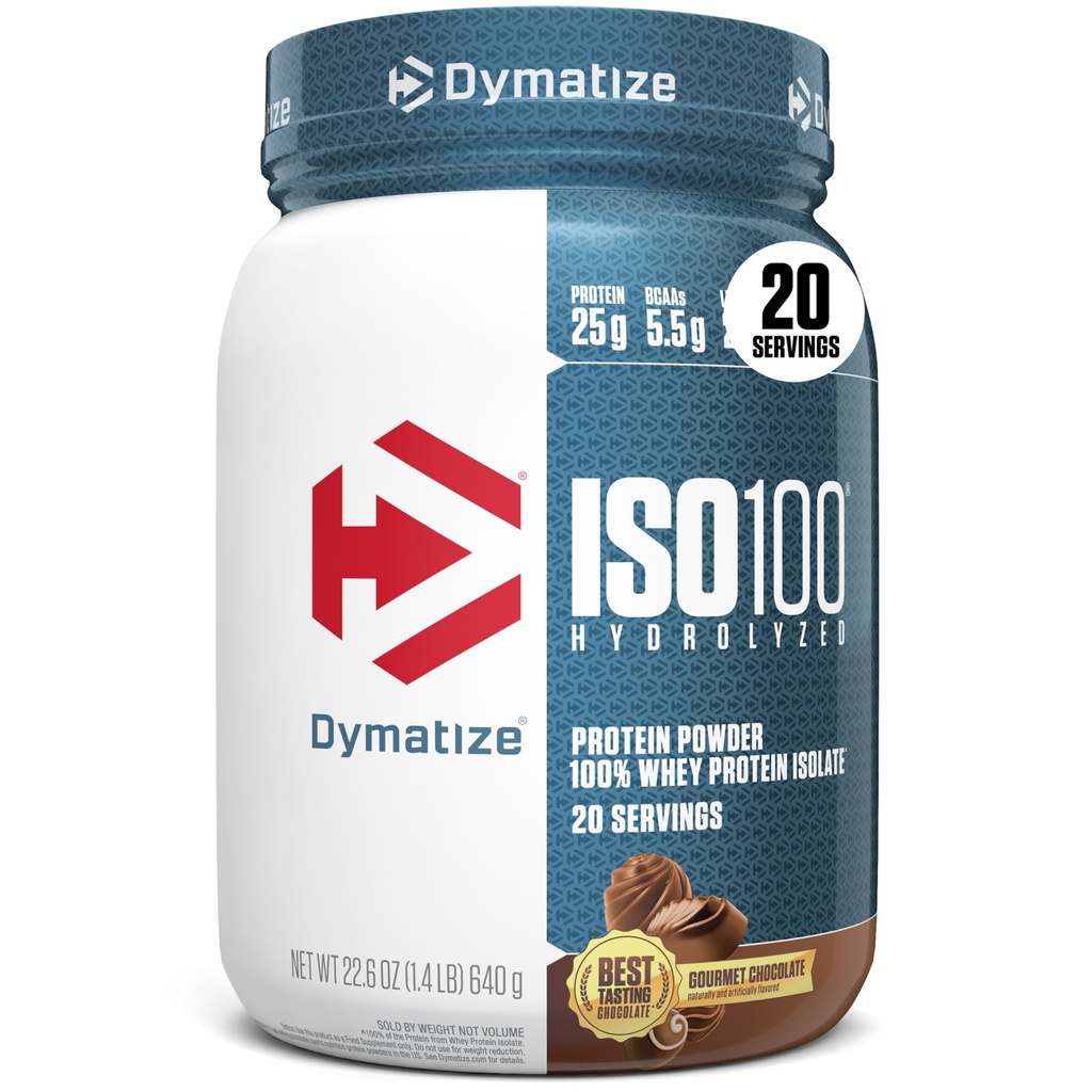 Dymatize ISO100 Whey Protein Powder Isolate, Gourmet Chocolate, 25g πρωτεΐνης, 20 σερβιέτες, 5.5g BCAAs, λιγότερο από 120 Cal., Gluten Free, 1g λίπος, 1g ζάχαρη, 2g υδατάνθρακες