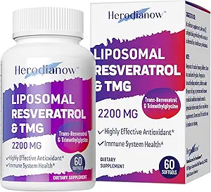 Liposomal Resveratrol with TMG Supplement 2200 MG, 99% Purity Trans-Resveratrol & Trimethylglycine- Antioxidant, for Immune System, Skin & Overall Health, 60 Softgels(Pack of 1)