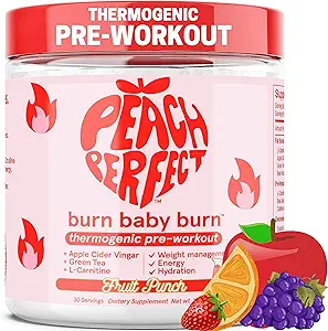 Peach Perfect Burn Baby Burn Pre Workout Powder for Women, Fruit Punch, for Energy, with Electrolytes, Apple Cider Vinegar, Natural Caffeine Green Tea, & L Carnitine, Energy Drink Powder, 30 Servings