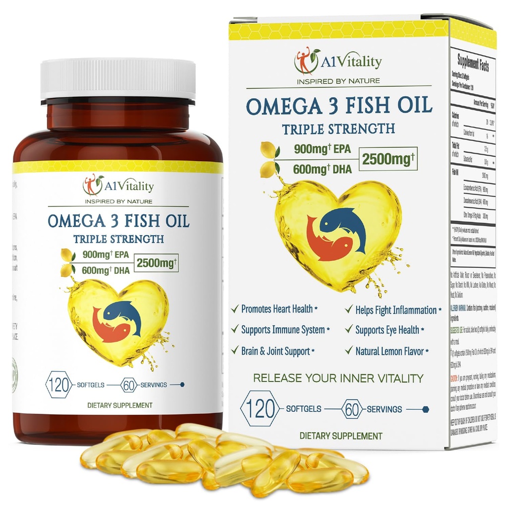 Ωμέγα 3 τριπλή δύναμη συμπλήρωμα EPA DHA - 2500mg Λεμόνι Γεύση Burpless Fish Oil - Υψηλή ισχύς 900mg EPA 600mg DHA υποστηρίζει την κυκλοφορία, τον εγκέφαλο, την καρδιά, το μάτι, το δέρμα, τα οστά & αρθρώσεις - 120 Softgels
