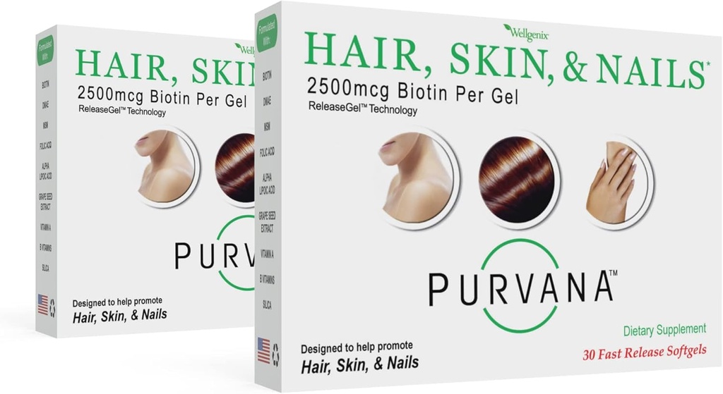 Wellgenix Purvana Hair, Skin, and Nails Vitamin - Softgels for High Absorption - Double Strength 2500mcg Biotin, VIT A & B (30 Count) (Pack of 2)