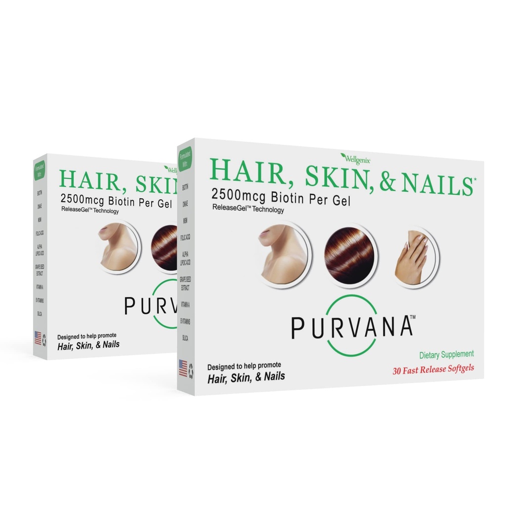 Wellgenix Purvana Hair, Skin, and Nails Vitamin - Softgels for High Abvorvice - Διπλή δύναμη 2500mcg Biotin, VIT A & B (30 Count) (Pack of 2)