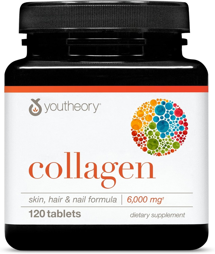 Youtheory Advanced Collagen - 6.000 mg - με Βιταμίνη C & Αμινοξέα - για την ανάπτυξη των μαλλιών, του δέρματος και των νυχιών* - Υποστηρίζει την κοινή, των οστών και των μυών υγεία* - για τις γυναίκες και τους άνδρες - 120 δισκία (20- Ημέρα προσφοράς)