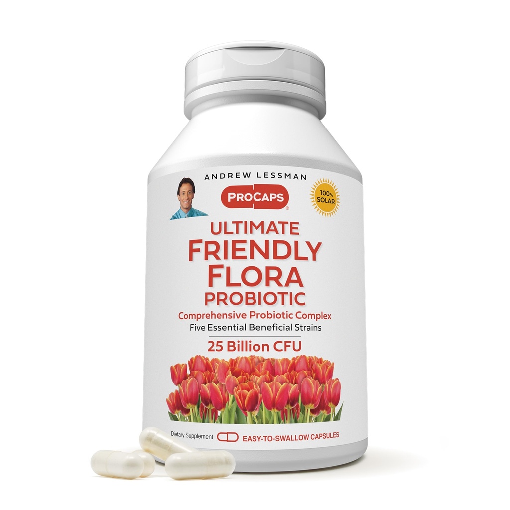 ANDREW LESSMAN Ultimate Friendly Flora Probiotic 60 Κάψουλες - 25 δισεκατομμύρια CFU, περιεκτική ανάμειξη των πέντε προβιοτικών σπειρών, ισχυρό ανοσοποιητικό και ανθεκτική υποστήριξη. Προβιοτικά για γυναίκες ή άνδρες