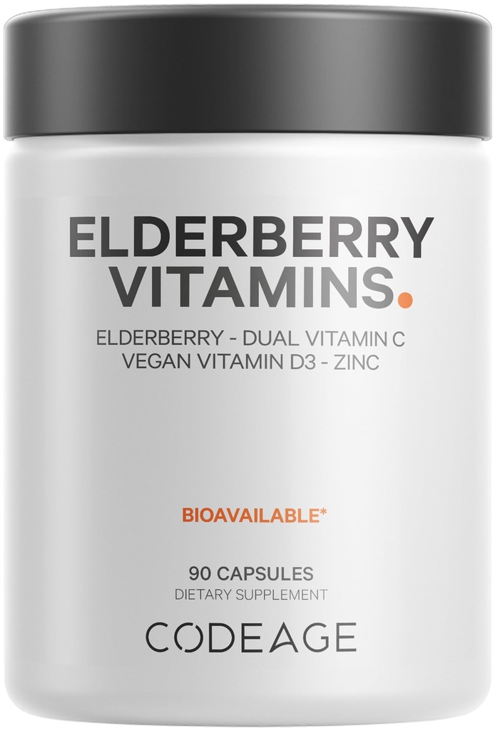 Codeage Elderberry Vitamins - Βιολογικός Μείγμα Βατόμουρου, Βιταμίνη C από Ασκορβικό Οξύ & Βιολογικό Κεράσια Acerola, Βιταμίνη D3, Ψευδάργυρος, Καρύδια Σαμπούκου - 90 Κάψουλες