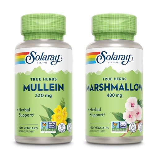 SOLARAY Mullein Leaf 330 mg και Marshmallow Root 480 mg - Wellness Bundle - Βότανα Υψηλή σε Mucilage Soluble Fiber για Καταπραϋντική Υποστήριξη - Vegan, Μη ΓΤΟ, Εργαστήριο Επαληθευμένο, 60-Ημέρες Εγγύηση, 200/100 VegCaps