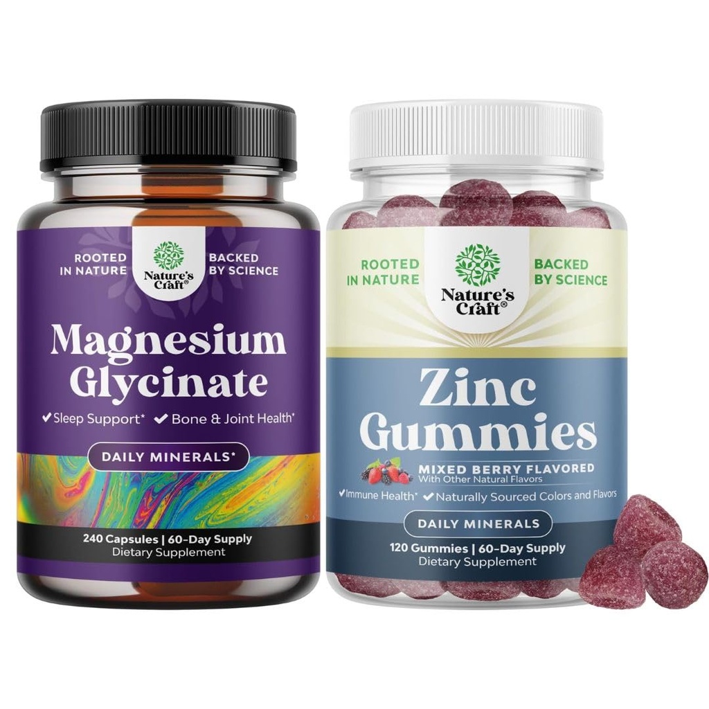 Bundle of Pure Magnesium Glycinate Supplement 400mg Per Serving for Mood Sleep & Relaxation Support and Extra Strength Zinc Gummies for Adults - Chewable Zinc Supplements for Energy & Immune Support