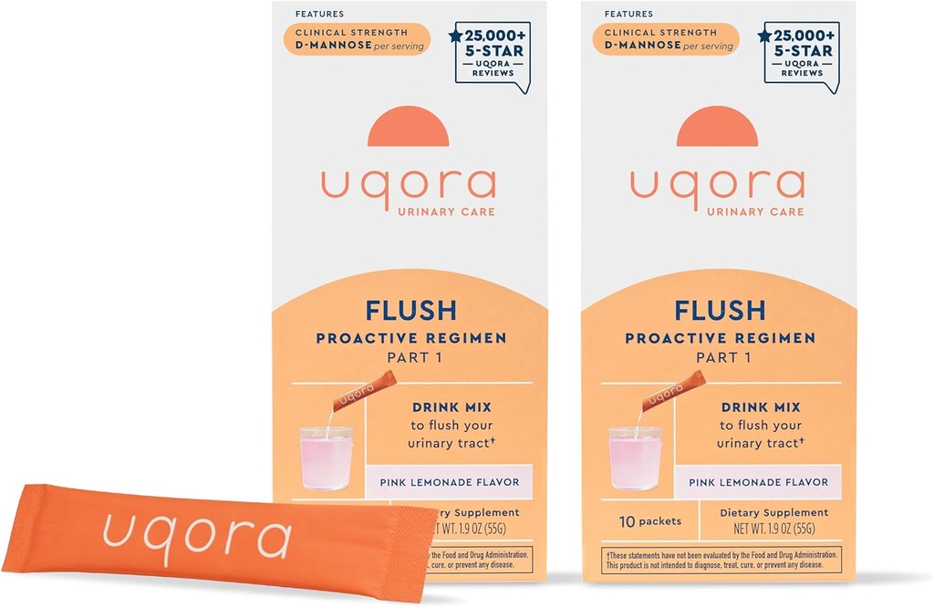 Uqora Flush - Urinary Tract* με D-Μαννόζη, Βιταμίνη C, Βιταμίνη B6, Κάλιο, Μαγνήσιο & Ασβέστιο - Χωρίς γλουτένη & Vegan - Pink Λεμονάδα Γεύση - 20 Πακέτα (2 Συσκευασία)